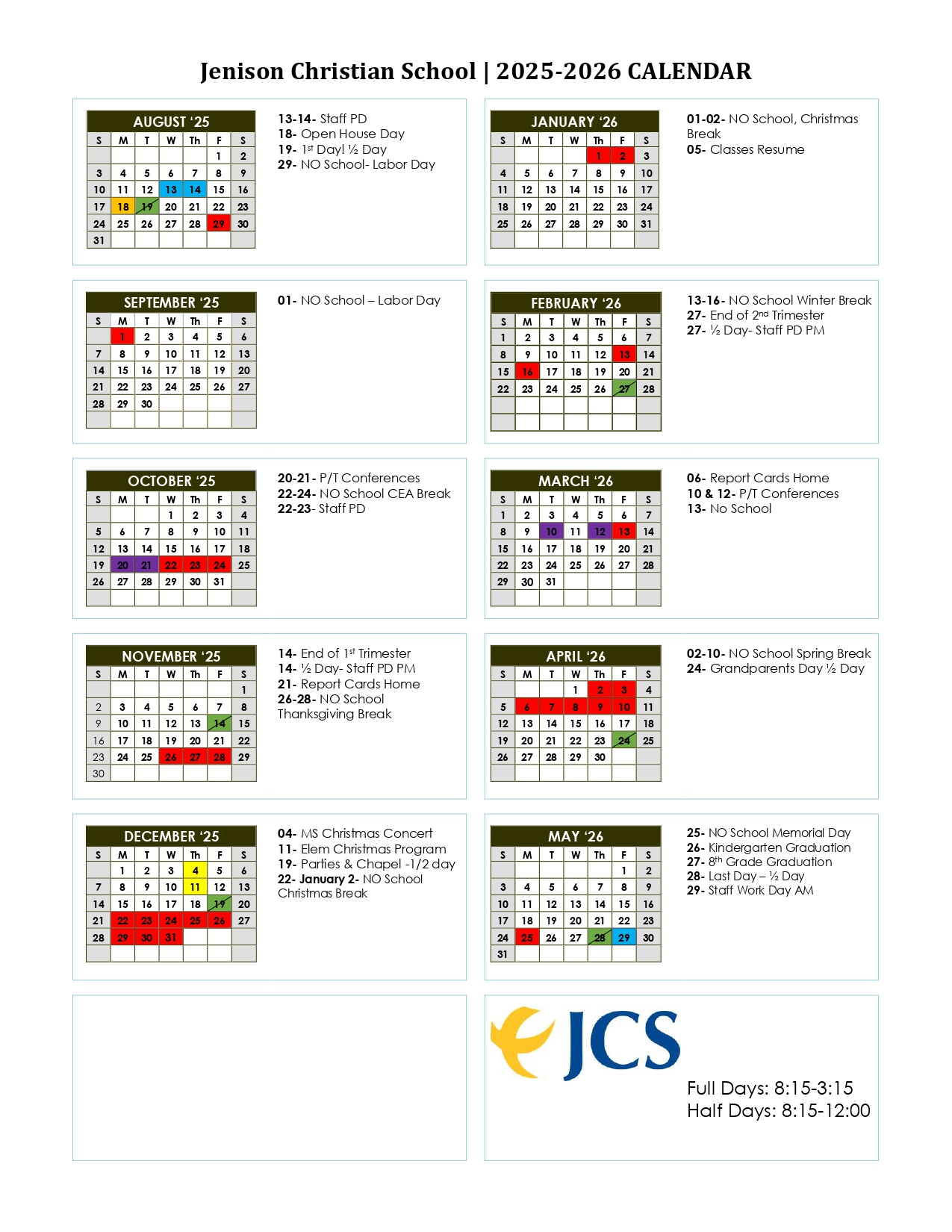 2025/2026 Calendar - Jenison Christian School